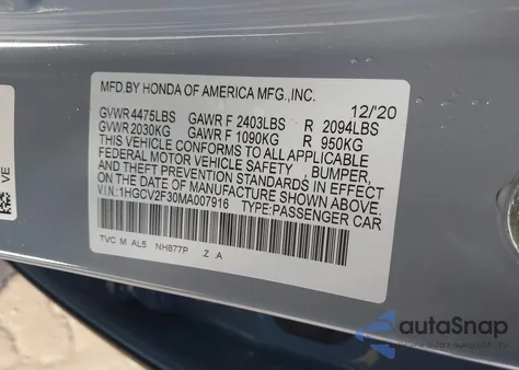 2021 Honda Accord Sport from USA, damaged, VIN 1HGCV2F30MA007916